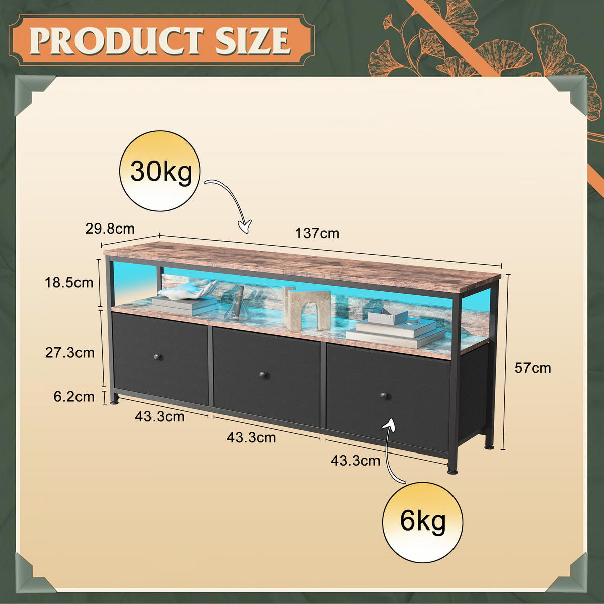 LOWBOARD, TV Schrank mit LED 137x30x57 cm, mit 3 Stoffschubladen und offenen Fächern - Schwarz, Holz (29.8/57/137cm) - WoodenAura