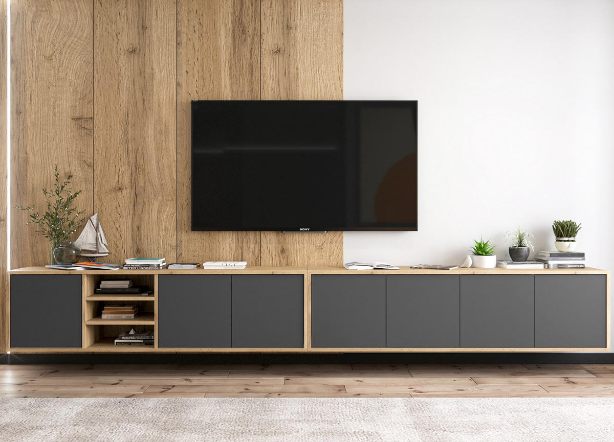 TV-LOWBOARD 2-er Set Apollo Eiche wotan Graphit Matt 150 cm - Graphitfarben, Holzwerkstoff (300/39/35cm) - Meble Lindner