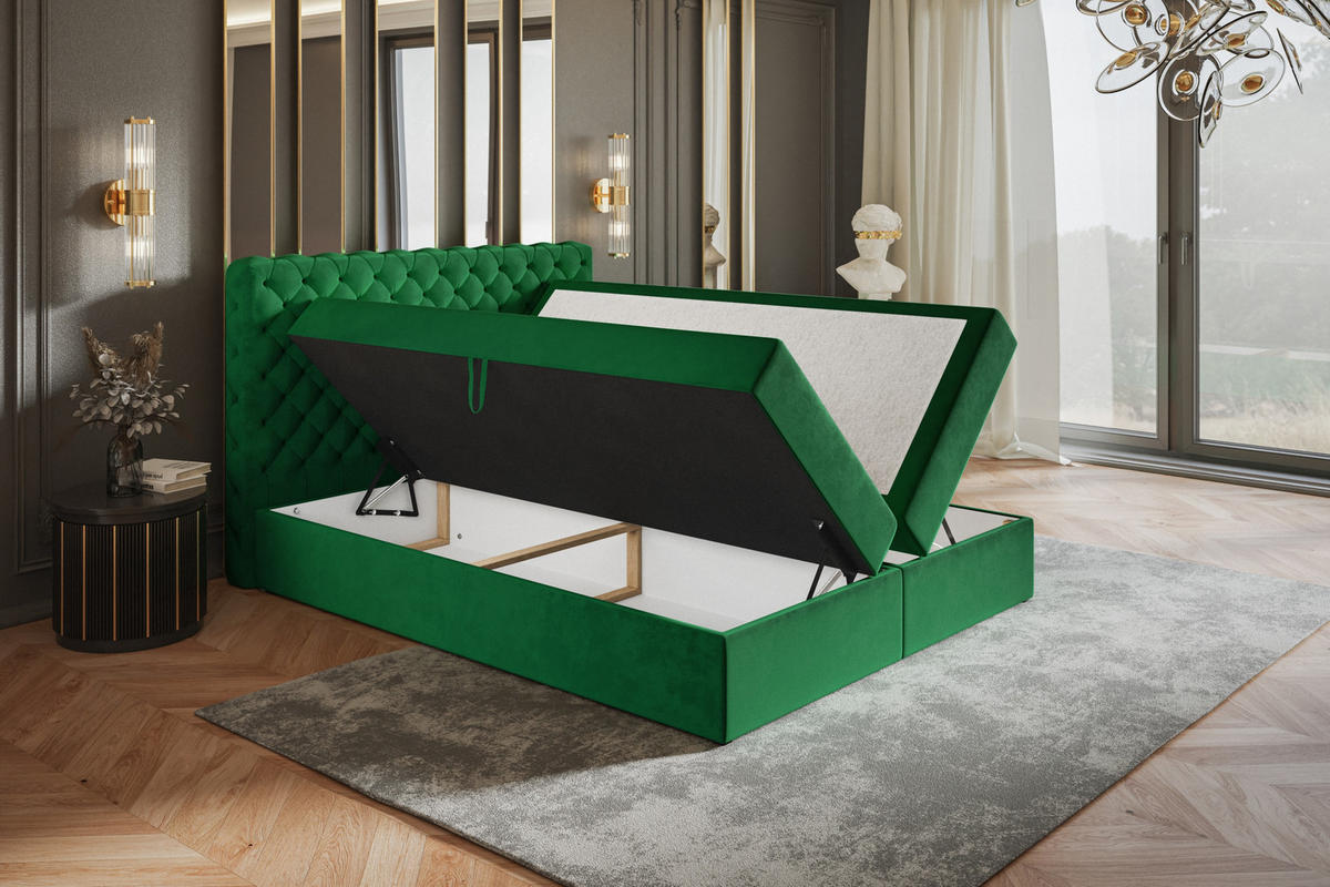 BOXBETT MIAMI mit 2 Bettkästen, 160x200, Farbe: Grün, Velourstoff, Doppelbett mit Bonell-Matratze - Grün, Holz/Kunststoff (160/200cm) - Alpi-Möbel