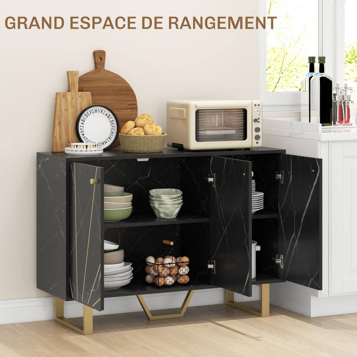 SIDEBOARD DE-11101 2 Schränke, 3 Türen & verstellbare Böden Schwarz - Schwarz, Holzwerkstoff (107/75/35cm) - ComfortXL