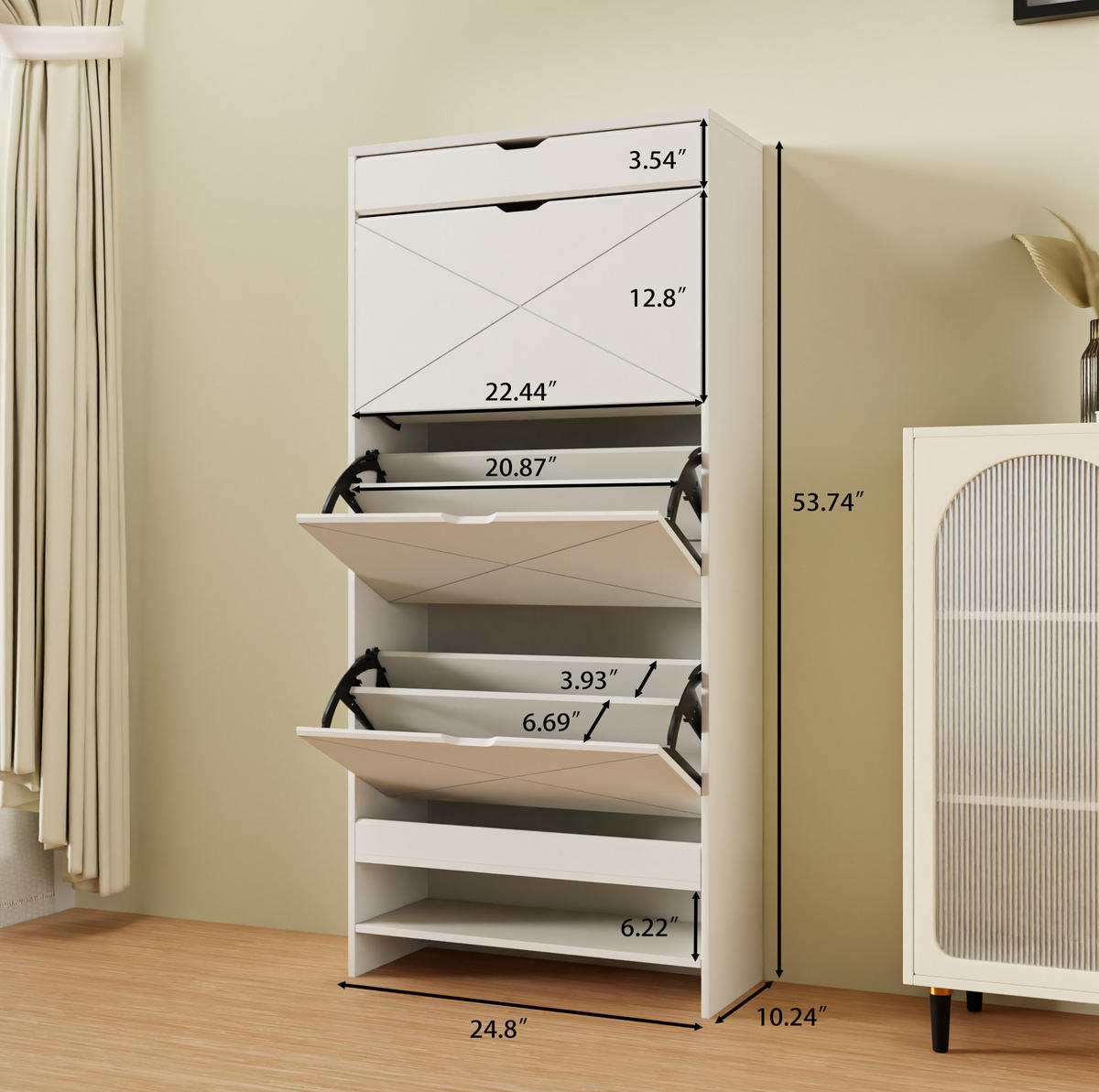 SCHUHSCHRANK in Weiß mit 3 Klappen, Schublade und ausziehbarer Ablage,26/63/136.5 cm - Weiß, Holzwerkstoff (63/136.5/26cm) - Flora Grace
