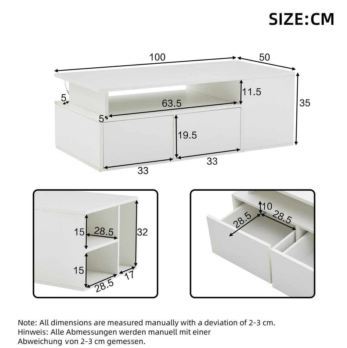COUCHTISCH 100/50/35 cm in Weiß mit LED-Beleuchtung und 2 Schubladen - Weiß, Holzwerkstoff (100/50/35cm) - Flora Grace
