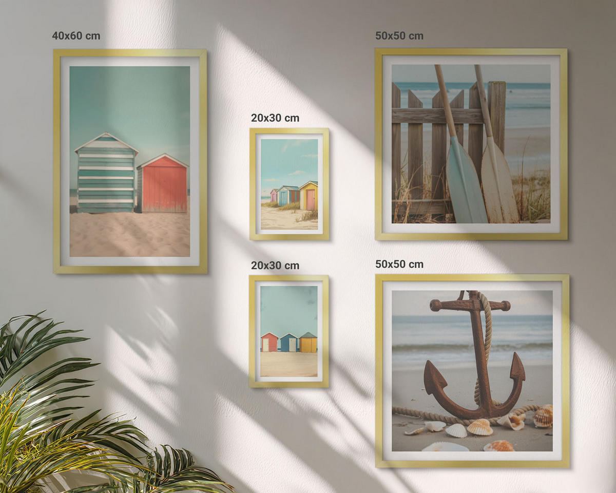 WANDBILDER 5er Set - 50x50 cm & 20x30 cm & 40x60 cm Goldrahmen - Bunte Häuser, Strand, Sonne - Goldfarben, Kunststoff (40/60cm) - ArtPrintCave