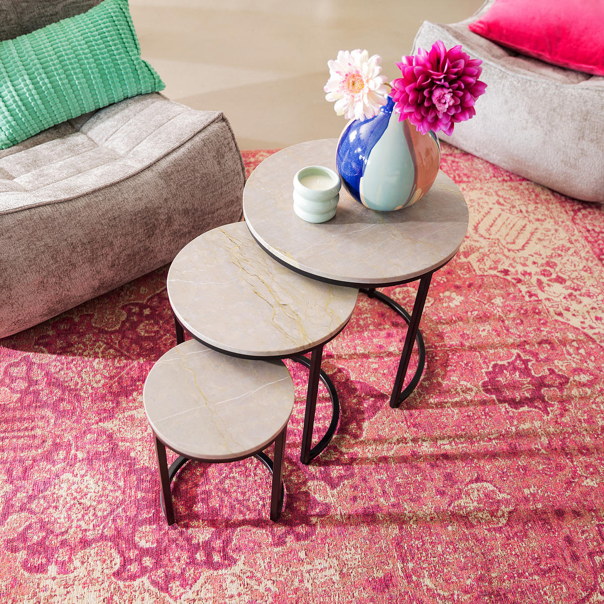 BEISTELLTISCH-SET - Marmor Grau / Schwarz, 3-teilig - Schwarz/Grau, Stein/Metall (45/45/45cm) - home24