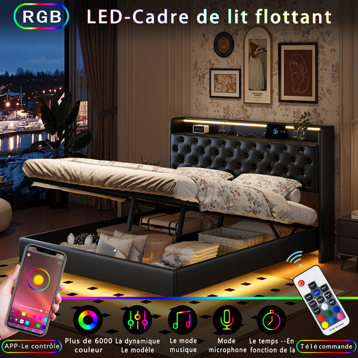 POLSTERBETT 140x200 cm LED USB Stauraum Lattenrost PU Leder schwarz - Schwarz, Holz (140/200cm) - LEBENLANG