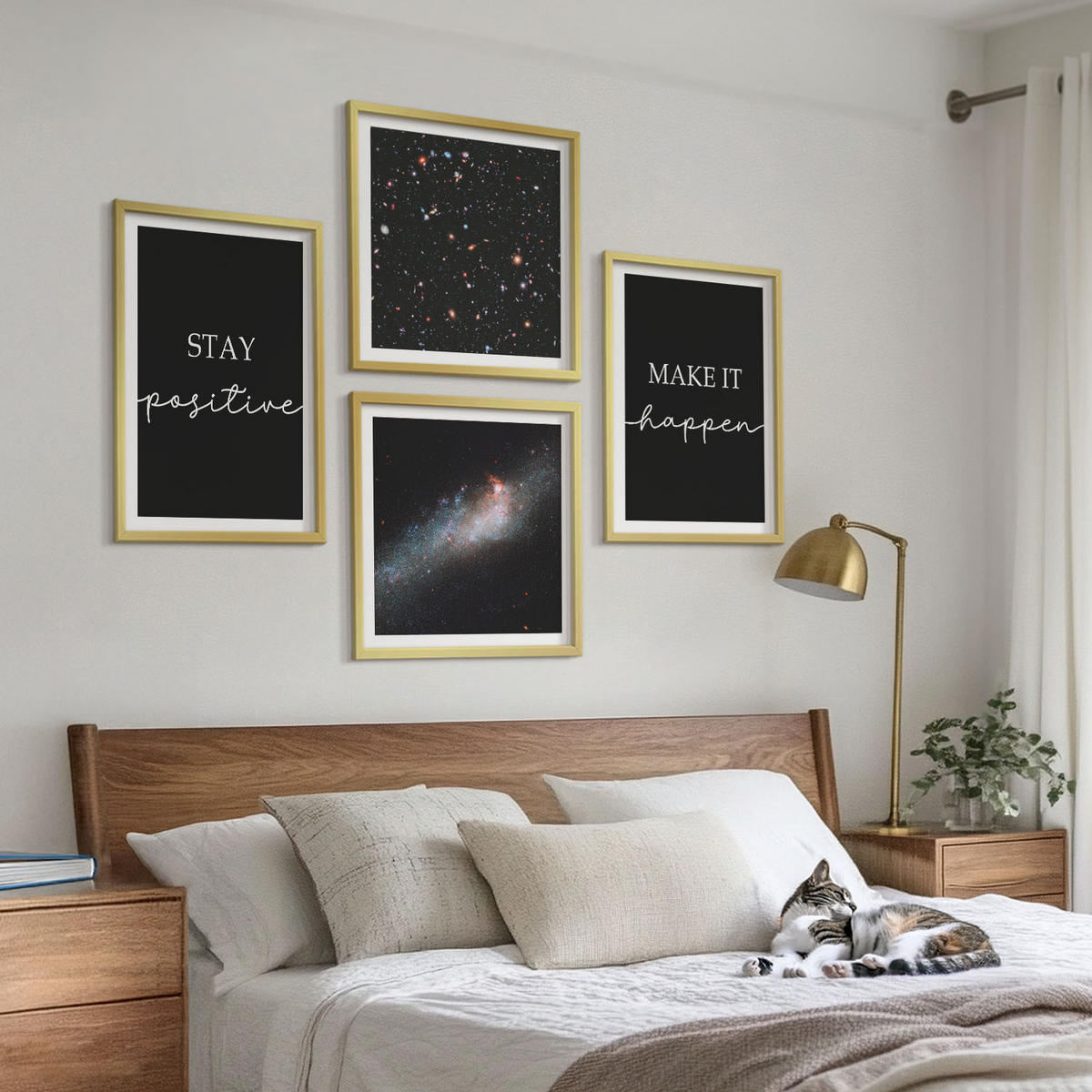 BILDER SET 4er Set - 50x50 cm & 40x60 cm Goldrahmen - Motivationsslogans Sterne Weltraum - Goldfarben, Kunststoff (50/50cm) - TULUP