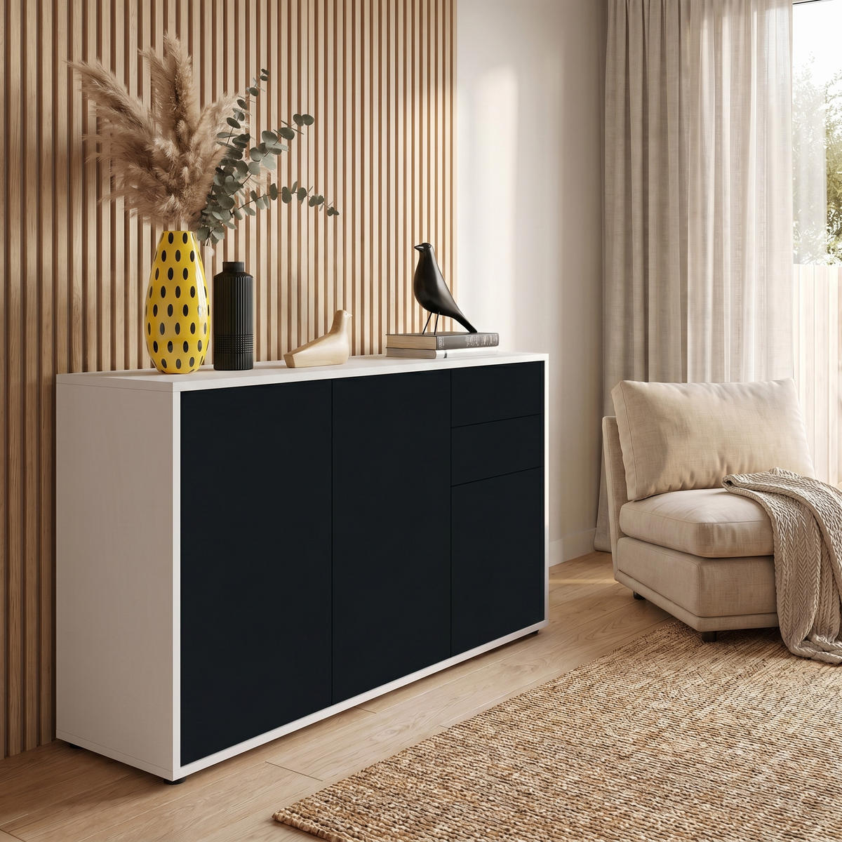 KOMMODE Ben Front in Schwarz matt - Schwarz, Holzwerkstoff (117/74/36cm) - Vladon