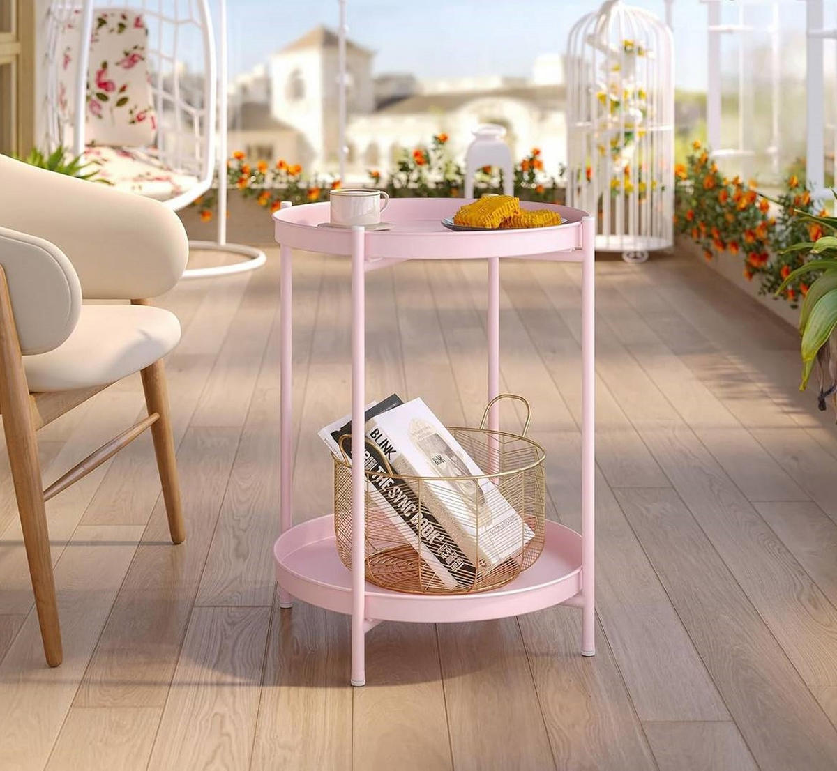 COUCHTISCH rund, mit Stauraum, Metall, Rosa - Rosa, Metall (44/44/53cm) - Woltu