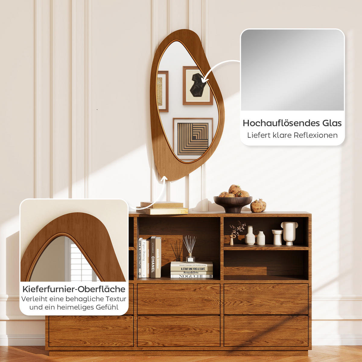 WANDSPIEGEL Naturholz 91,50/45/3 cm - Naturfarben, Glas/Holz (45/3/91.5cm) - HOMCOM