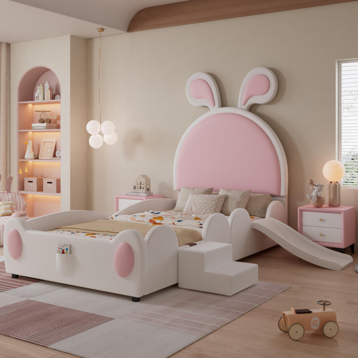 KINDERBETT aus PU 90x200 cm Weiß/Rosa mit Rutsche, Treppe und Hasenohren - Rosa, Kunststoff (90/200cm) - Modfu