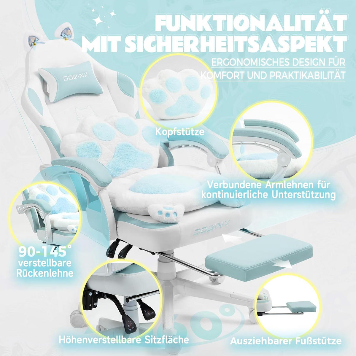 GAMING-STUHL Ergonomischer & Fußstütze Bürostuhl & Lendenwirbelstütze - Blau, Leder (52/126/49cm)
