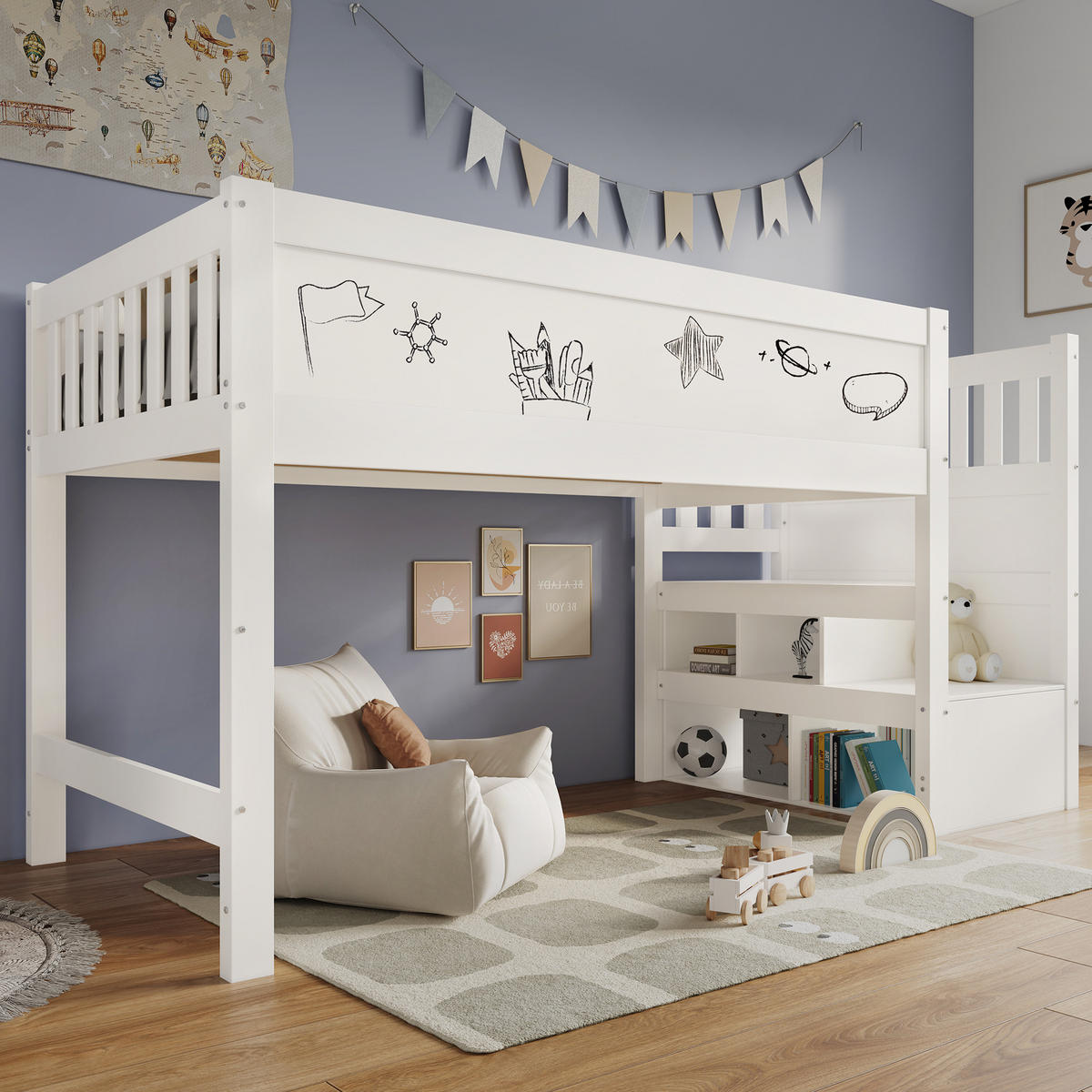 HOCHBETT aus Massivholz und MDF 90/200 cm mit Tafel, Stauraumtreppe und Rausfallschutz, Weiß - Weiß, Textil - Redom