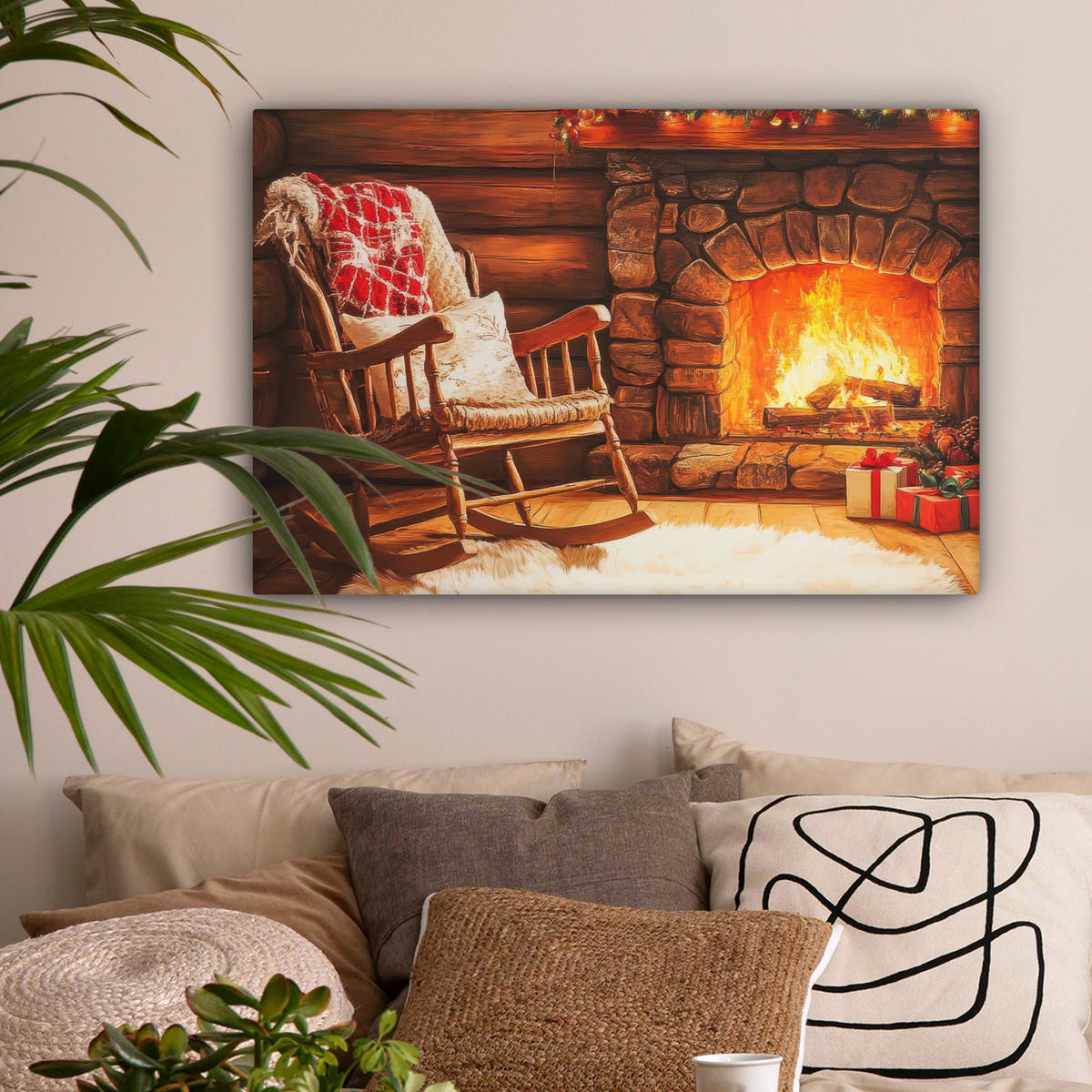 LEINWANDBILD Winter - Weihnachten - Zuhause - Kamin Wanddeko 90x60 cm - Bernsteinfarben, Textil (90/60cm) - MuchoWow