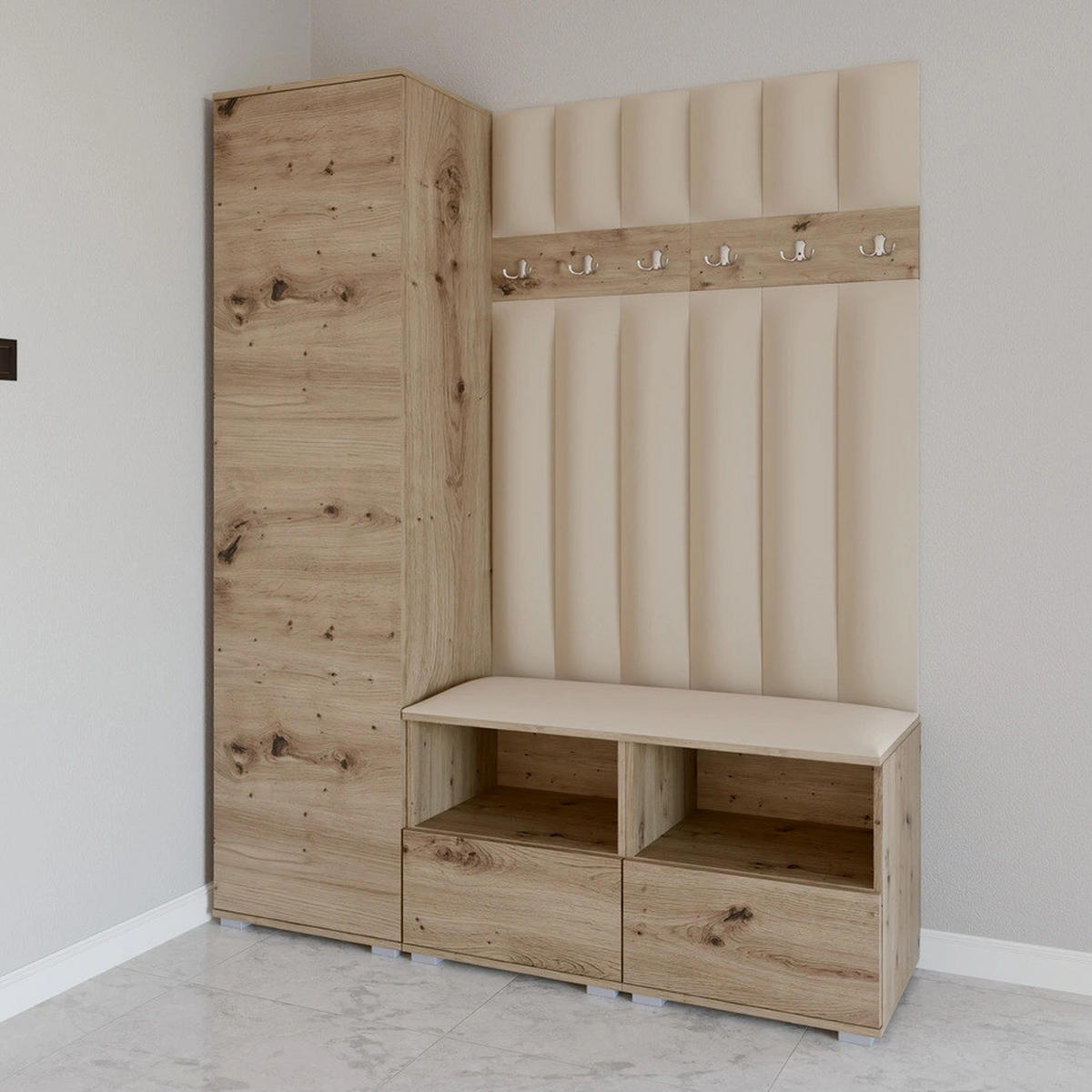 GEPOLSTERT Garderoben-Set Nela II LUX (Farbe Eiche Artisan + Stoff Trinity 04) - Beige/Silberfarben, Holz/Holzwerkstoff (150/187/40cm) - Ravio