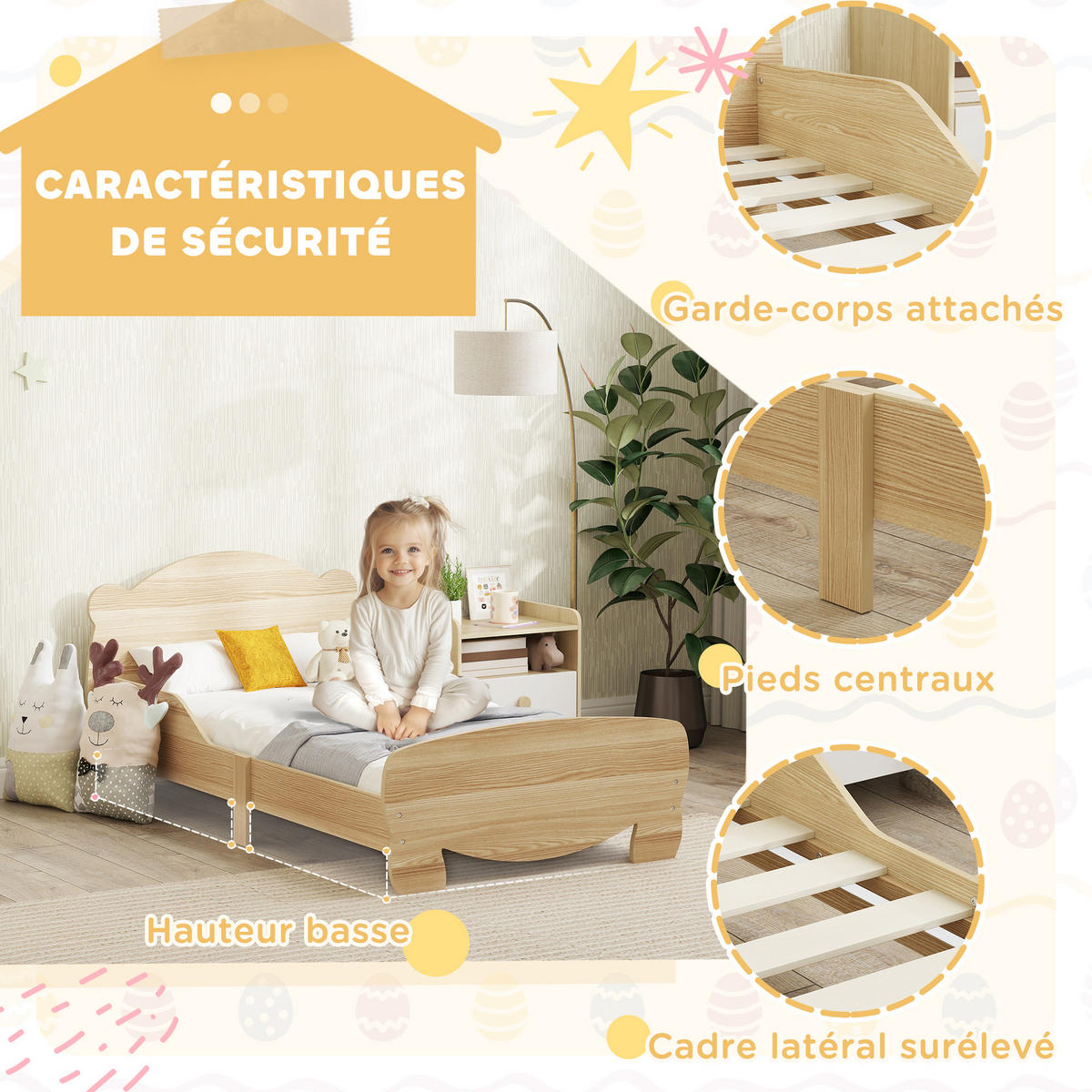 KINDERBETT 70x140 cm DE-14597 mit Bären-Motiv und Sicherheitsbarrieren Naturholz - Naturfarben, Holzwerkstoff (70/140cm) - ComfortXL
