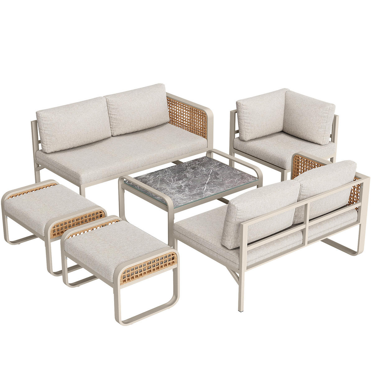 LOUNGEGARNITUR 120/61/69 cm beige aus Metall und Rattan mit Kissen - Beige, Metall - OKWISH