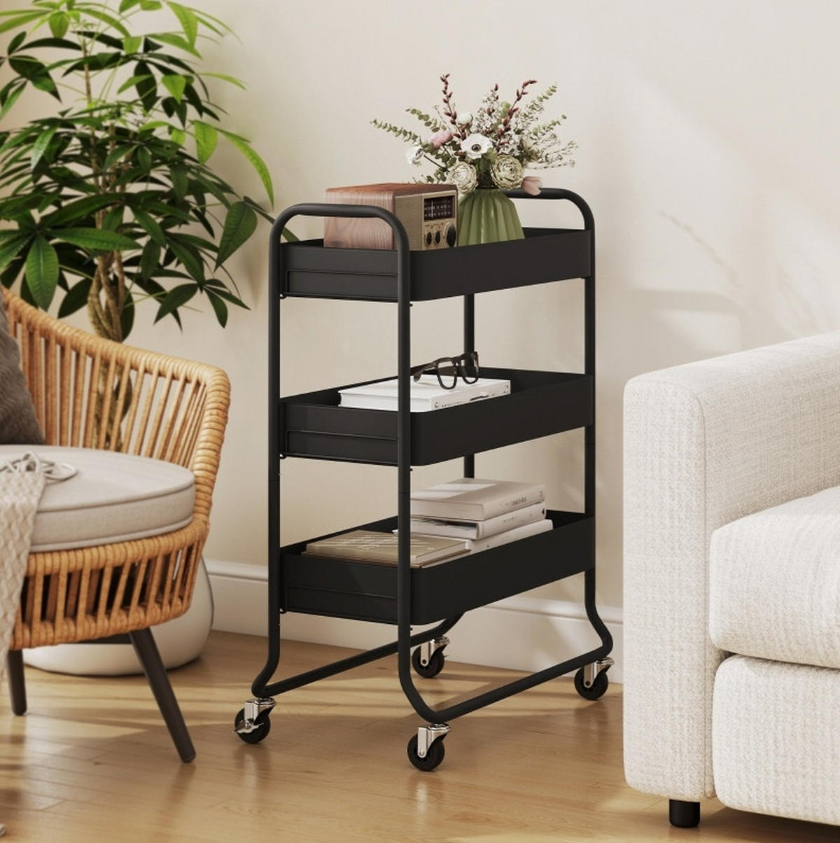 SERVIERWAGEN 64,5/87/34 cm Schwarz aus Metall mit 3-stufiger Aufbewahrung - Schwarz, Metall (34/87/64.5cm) - OKMYHOME