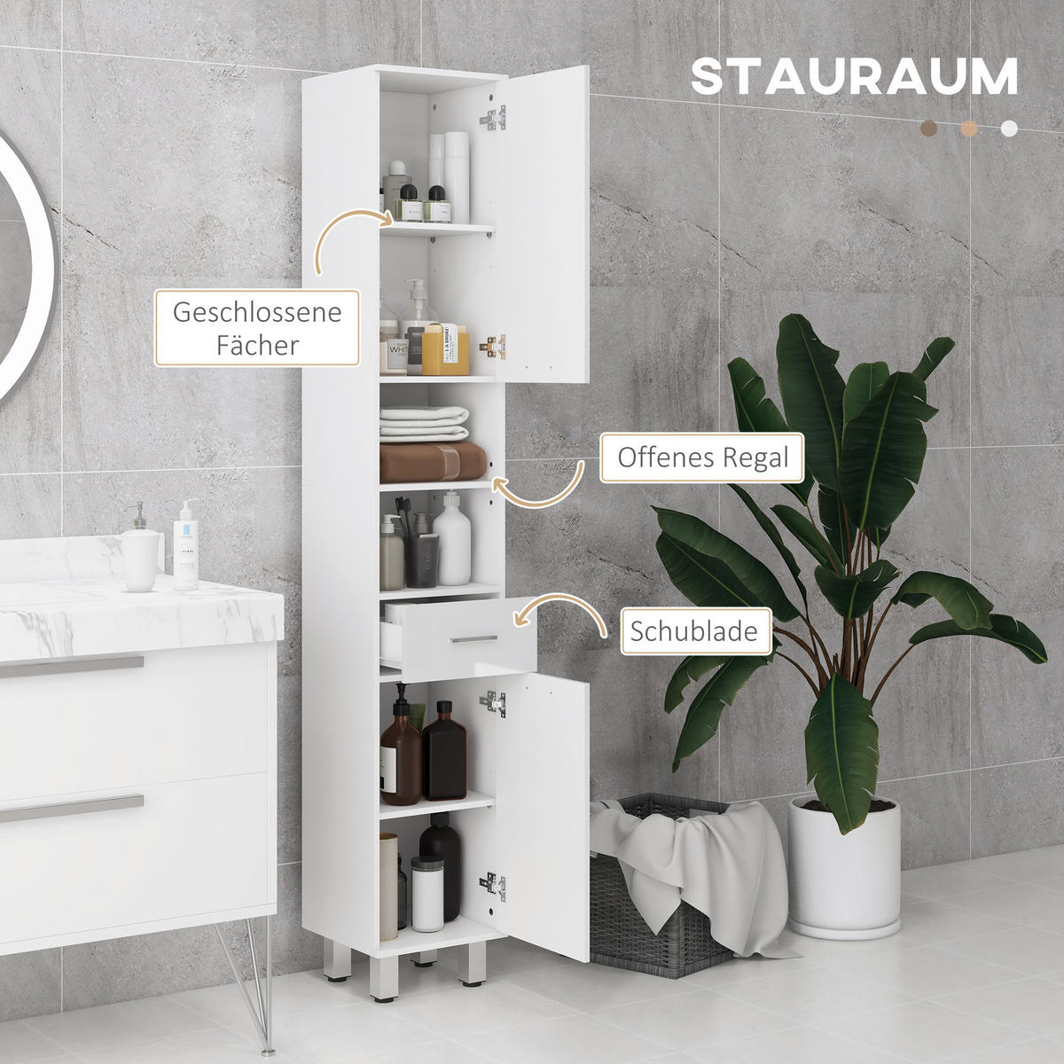 BADEZIMMERSCHRANK Spanplatte Weiß - Weiß, Holzwerkstoff (30/180/30cm) - Kleankin