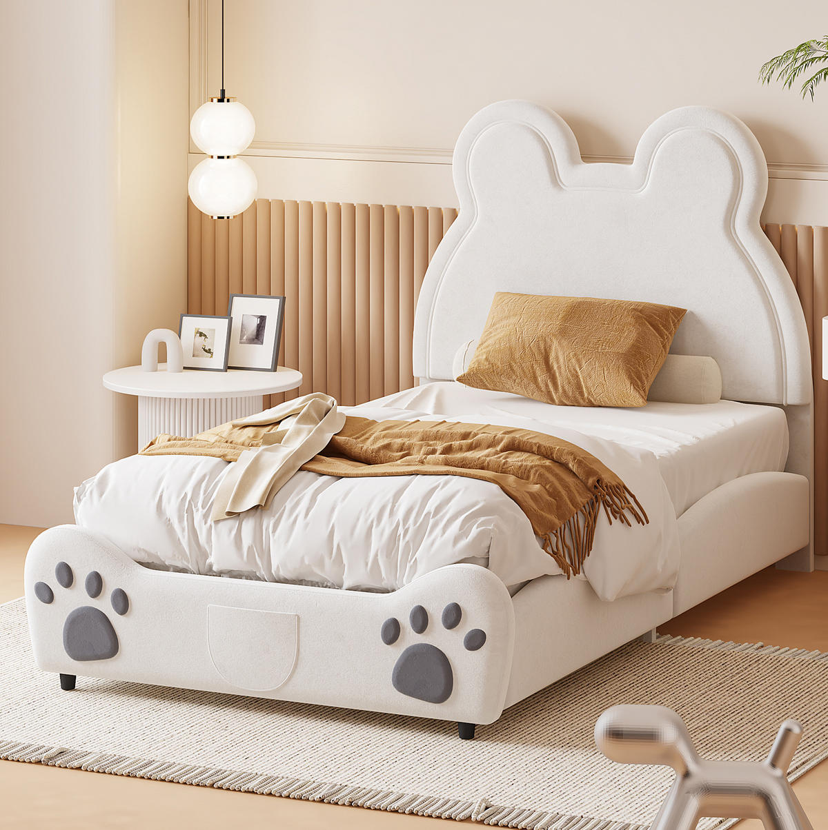 KINDER-POLSTERBETT 90/200 cm Weiß aus Samtstoff in Bärenform - Weiß, Textil (90/200cm) - OKMYHOME