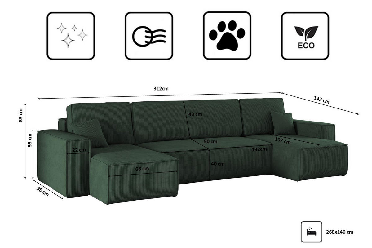 ECKSOFA Mit Schlaffunktion Und Bettkasten BEST Dicker Cord Poso Grün - Grün, Holz/Textil (312/142cm) - Kaiser Möbel