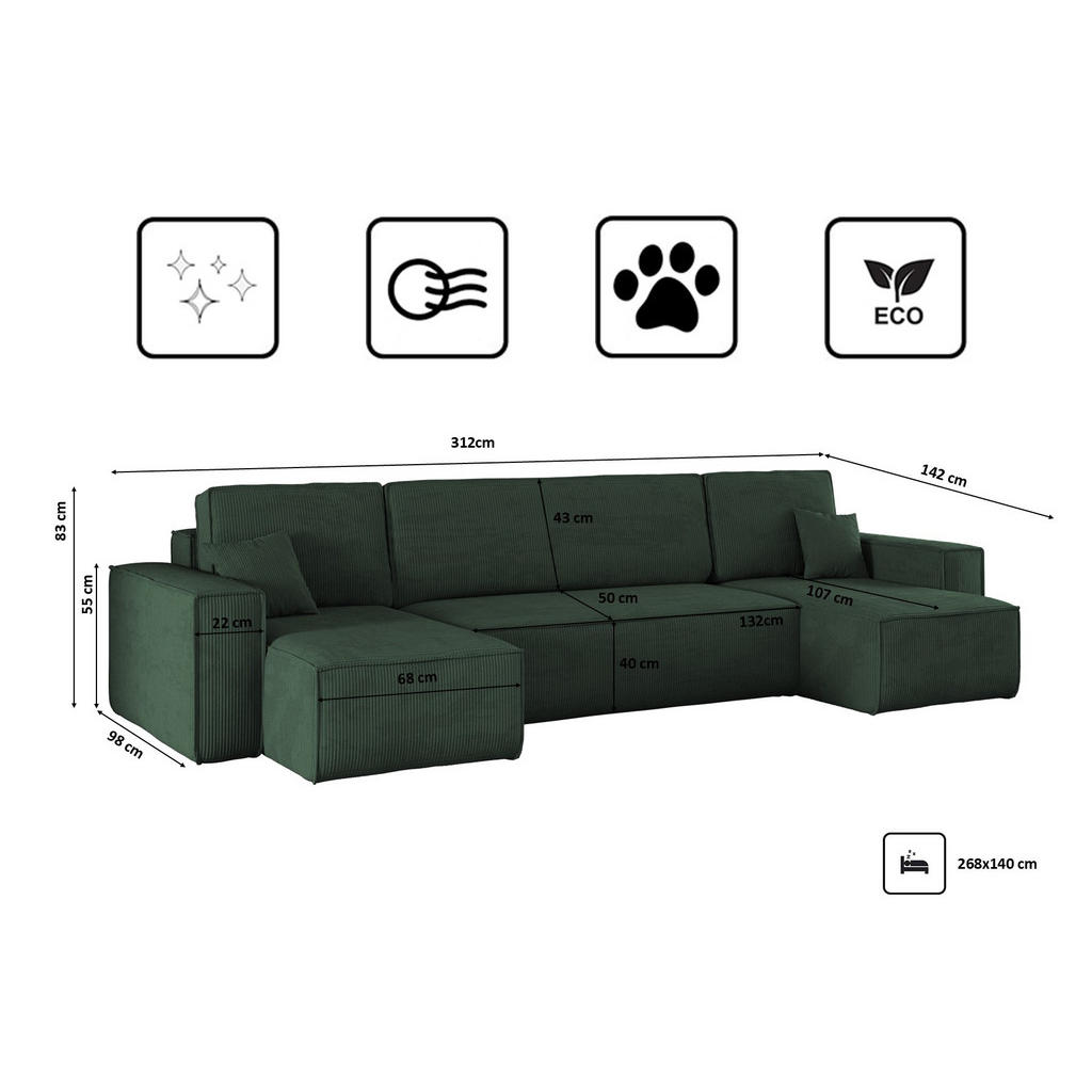 Thumbnail - Kaiser Möbel Ecksofa, Grün, Textil, 5-Sitzer, U-Form, 312x142 cm, Wohnzimmer, Sofas & Couches, Wohnlandschaften, Ecksofa...