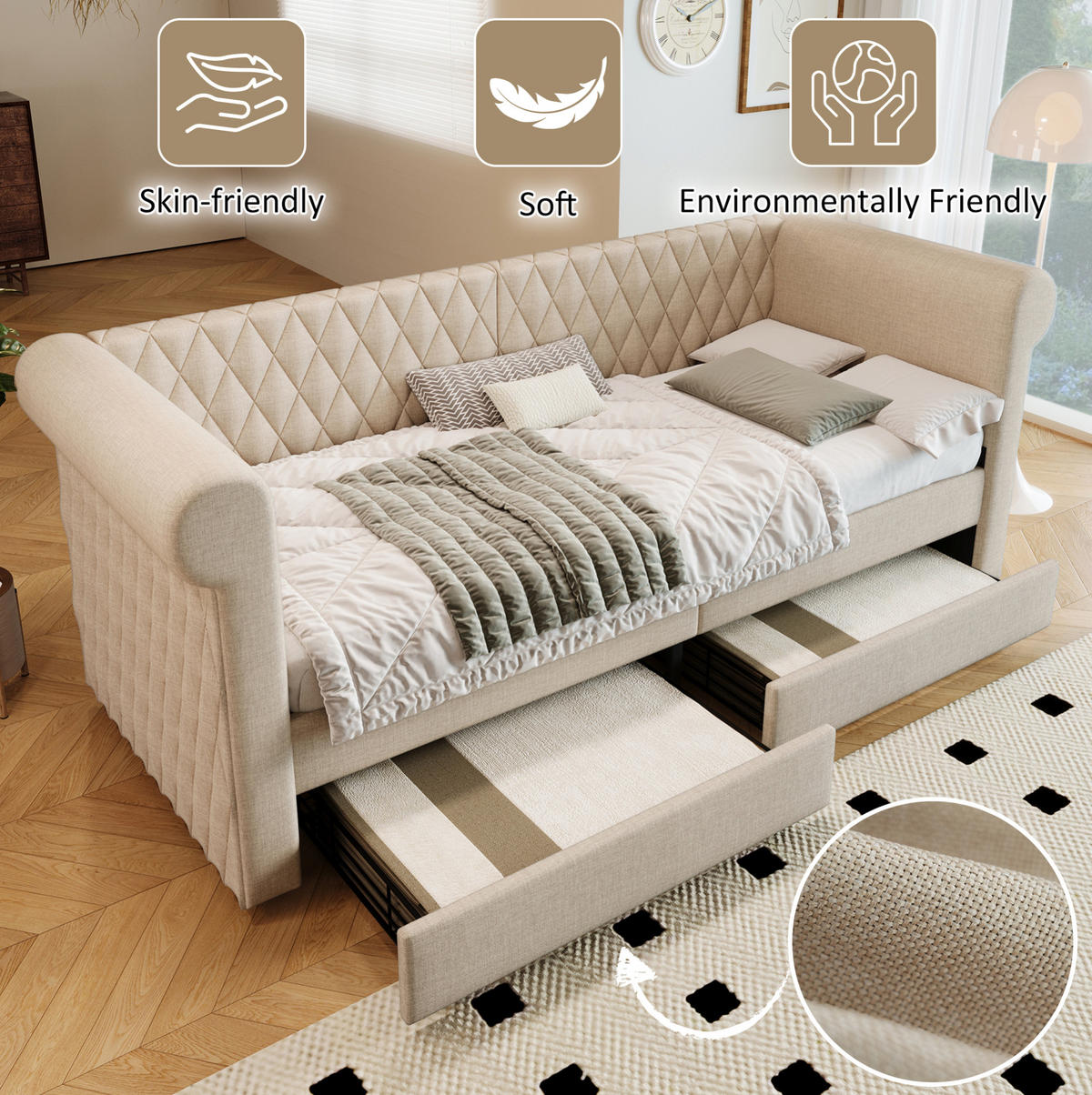 POLSTERBETT 90/200 cm Beige aus Leinen mit 2 Schubladen - Beige, Textil (90/200cm) - OKMYHOME