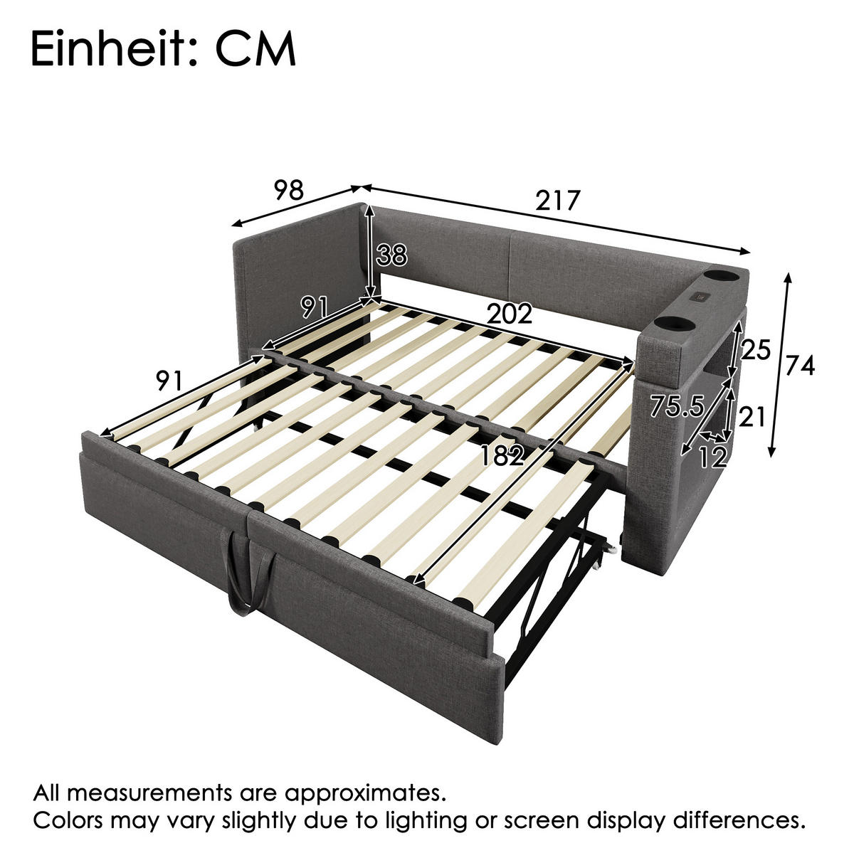 BETT 90/200 cm mit Ausziehbett und USB/Type-C in Grau - Grau, Textil (90/200cm) - BEAOK