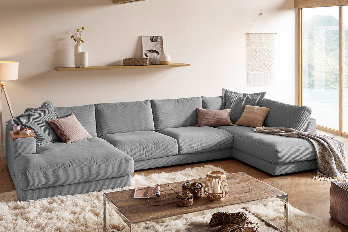 WOHNLANDSCHAFT MADELINE Grau Cord - Schwarz/Grau, Kunststoff/Textil (425/86/224cm) - KAWOLA