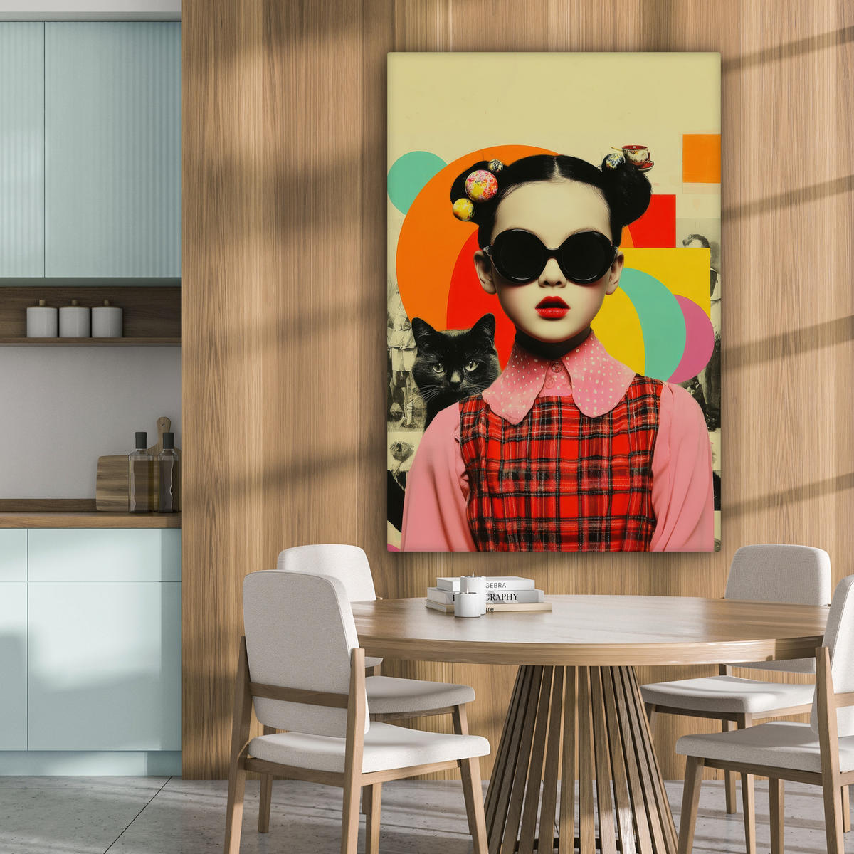 LEINWANDBILD Mädchen - Sonnenbrille - Katze - Retro Deko XXL 80x120 cm - Beige, Textil (80/120cm) - MuchoWow