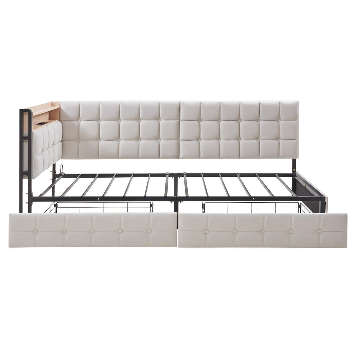 POLSTERBETT mit LED-Beleuchtung 90/200 cm mit 2 Schubladen und USB-/Typ-C-Anschluss - Beige, Textil (90/200cm) - BEAOK