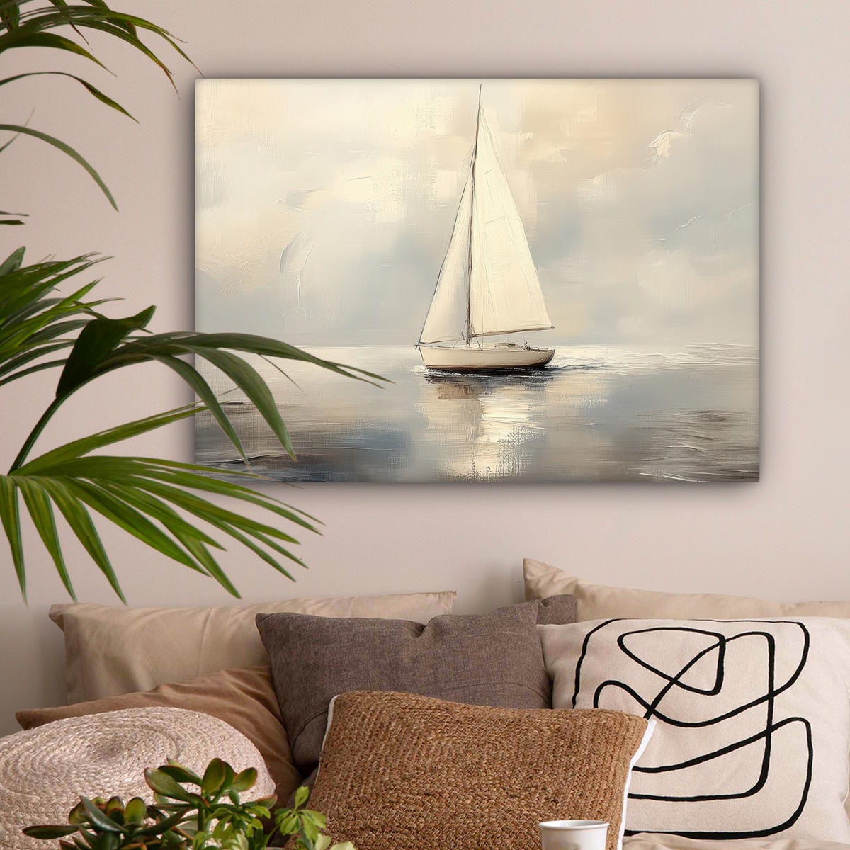 LEINWANDBILD Segelschiff - Meer - Bewölkt Wandbilder 80x60 cm - Creme, Textil (80/60cm) - MuchoWow