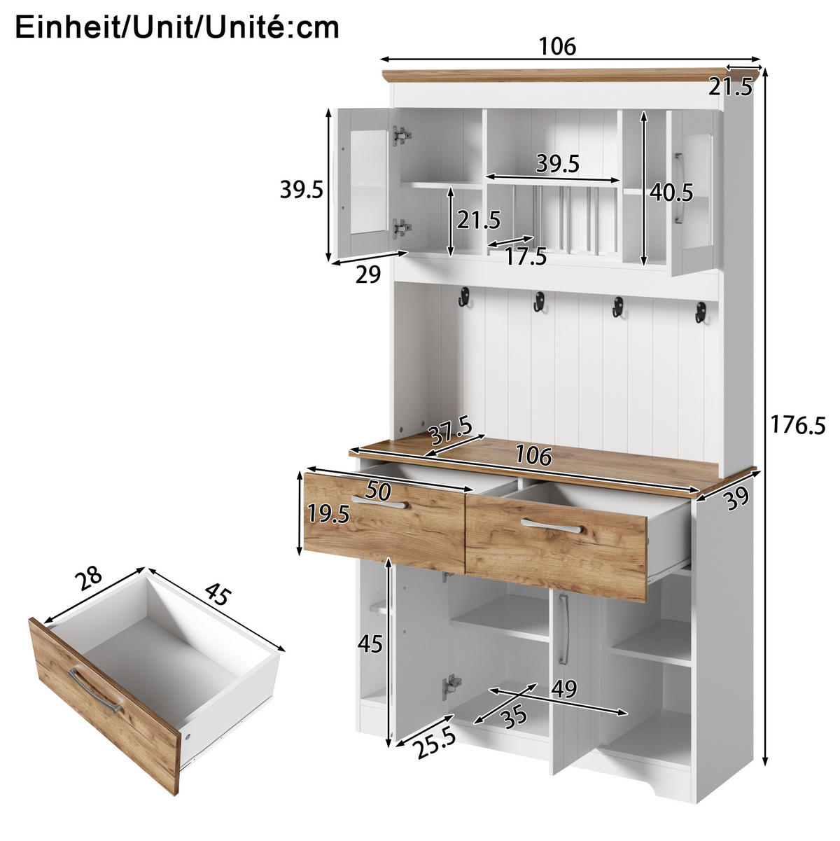 BUFFET aus Spanplatte 106x39x176,5 cm Weiß/Natur mit Vitrinenfächern, 2 Schubladen und Hakenleiste - Naturfarben, Holzwerkstoff (106/176.5/39cm) - Modfu