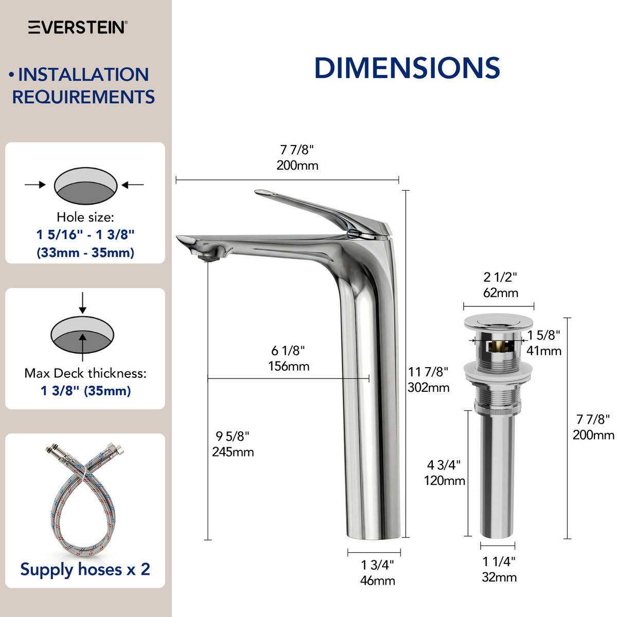 WASCHTISCHARMATUR SFS-1283 Chrom, hoch, für Aufsatzbecken, Einhebel, Messing, Pop-up-Ablauf, Perlator, 245 mm Auslaufhöhe - Chromfarben, Metall (4.6/30.2/20cm) - Everstein