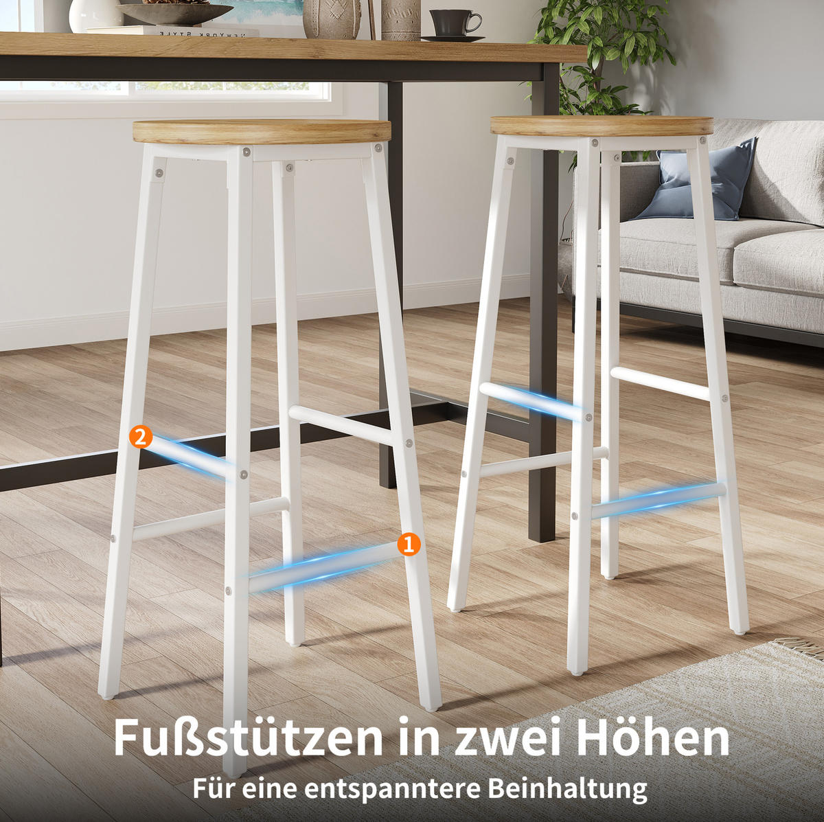 BARHOCKER 30/30/70 cm Weiß mit Fußstützen und verstellbaren Füßen - Weiß, Metall (30/70/30cm) - MIVRAY