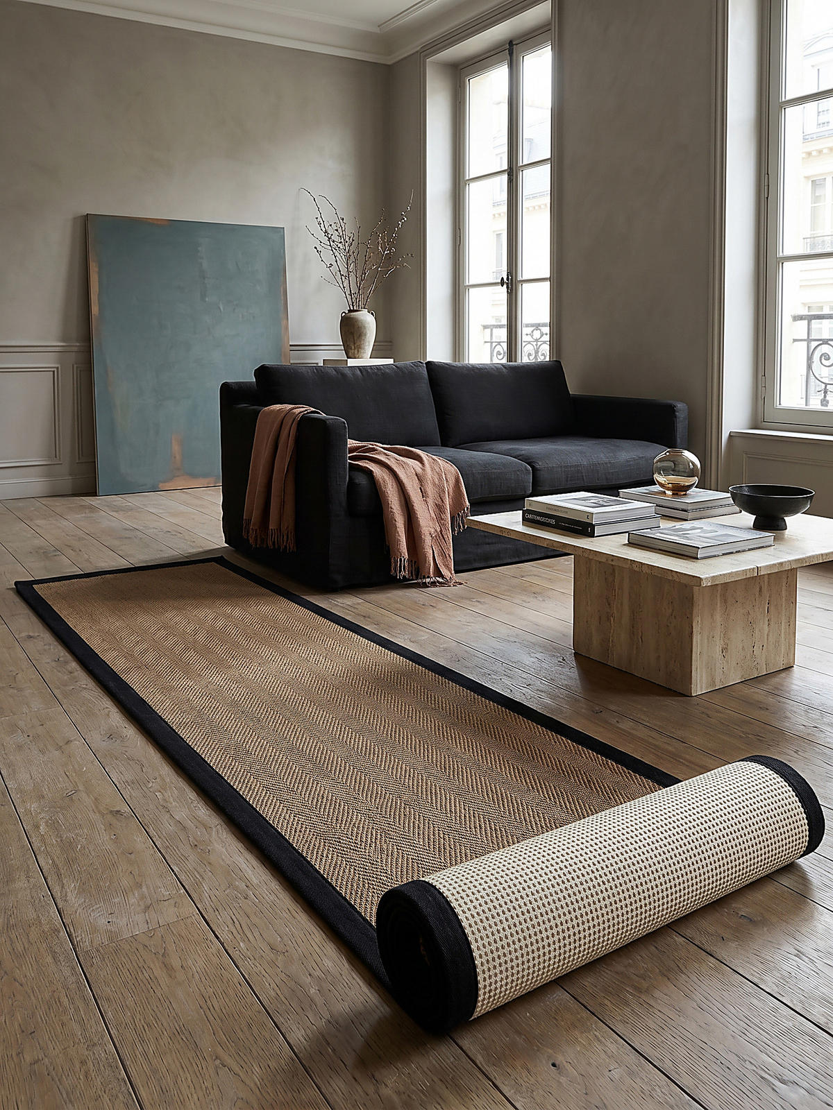 JUTETEPPICH TRENT, geometrisch, Braun-Schwarz, 60 x 600 cm - Schwarz/Naturfarben, Textil (600/60cm) - KADIMA DESIGN