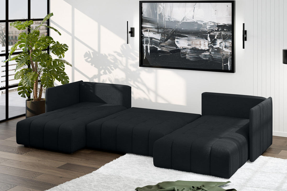 WOHNLANDSCHAFT Veliro U Schwarz 353/180/83 cm mit Schlaffunktion und Bettkasten - Schwarz, Kunststoff/Textil (353/83/180cm) - AX Living