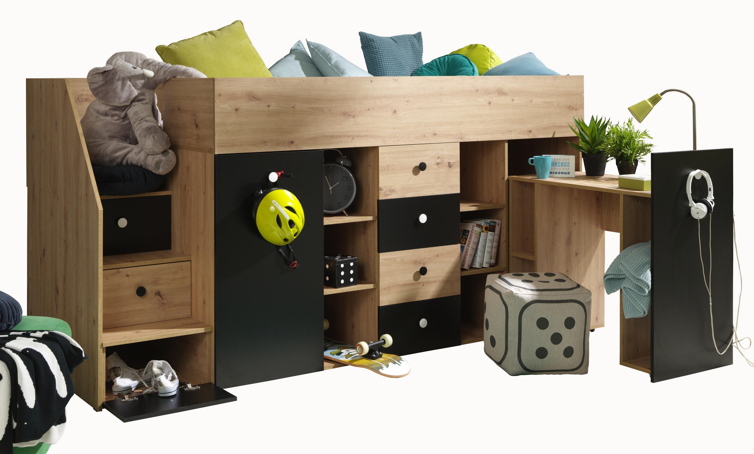Möbel Kryspol Hochbett Eiche Artisan, Schwarz, Weiß 90x200 cm