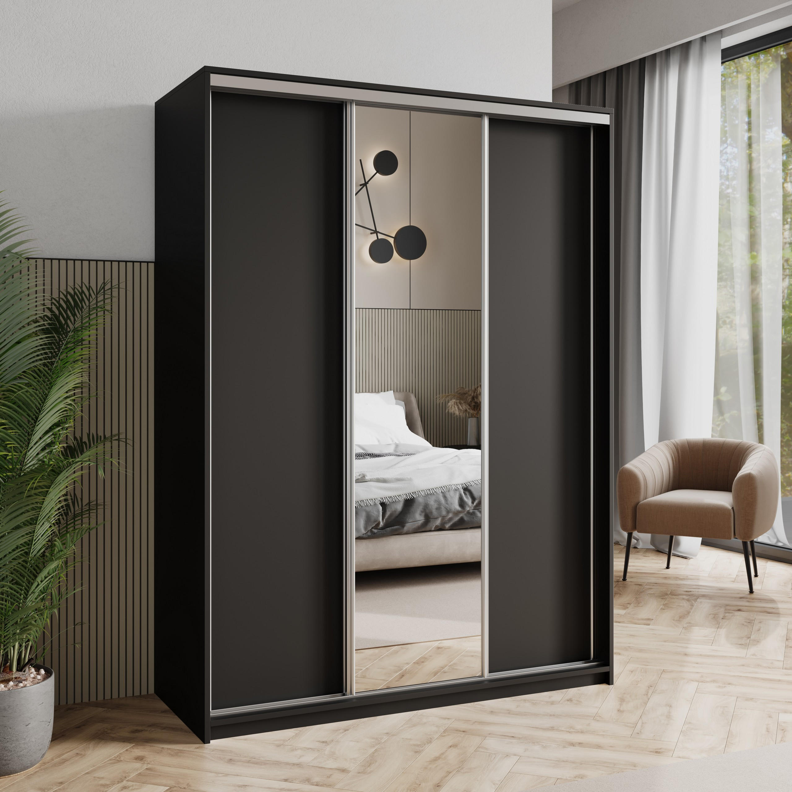 SCHWEBETÜRENSCHRANK TAVI 150/205/60 cm 3-türig mit Spiegel Schwarz - Schwarz, Holzwerkstoff (150/205/60cm) - MASSENO