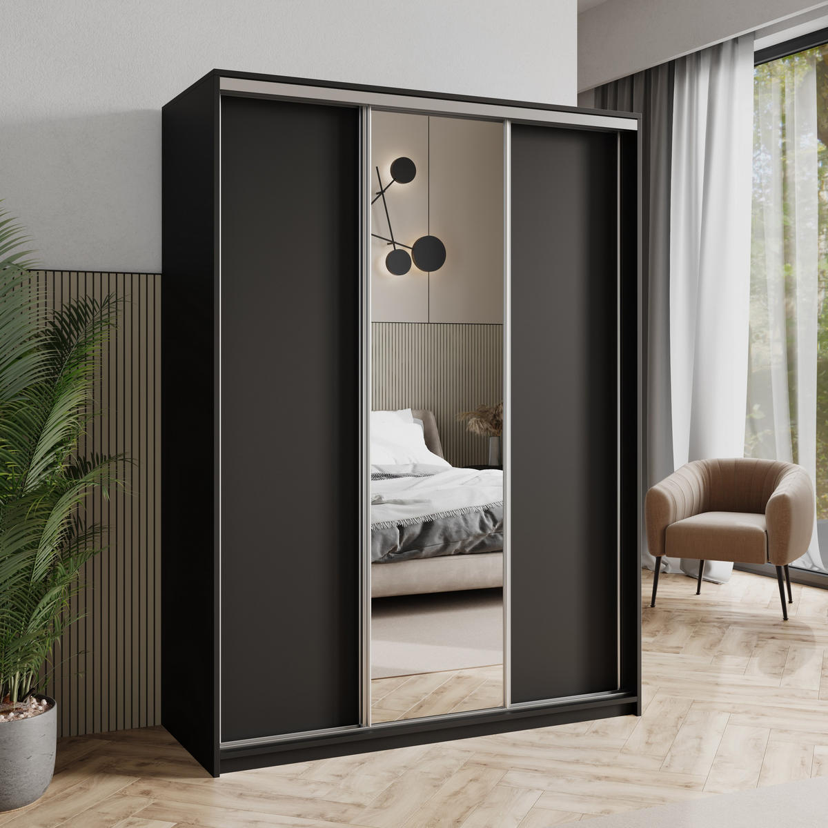 SCHWEBETÜRENSCHRANK TAVI 150/205/60 cm 3-türig mit Spiegel Schwarz - Schwarz, Holzwerkstoff (150/205/60cm) - MASSENO