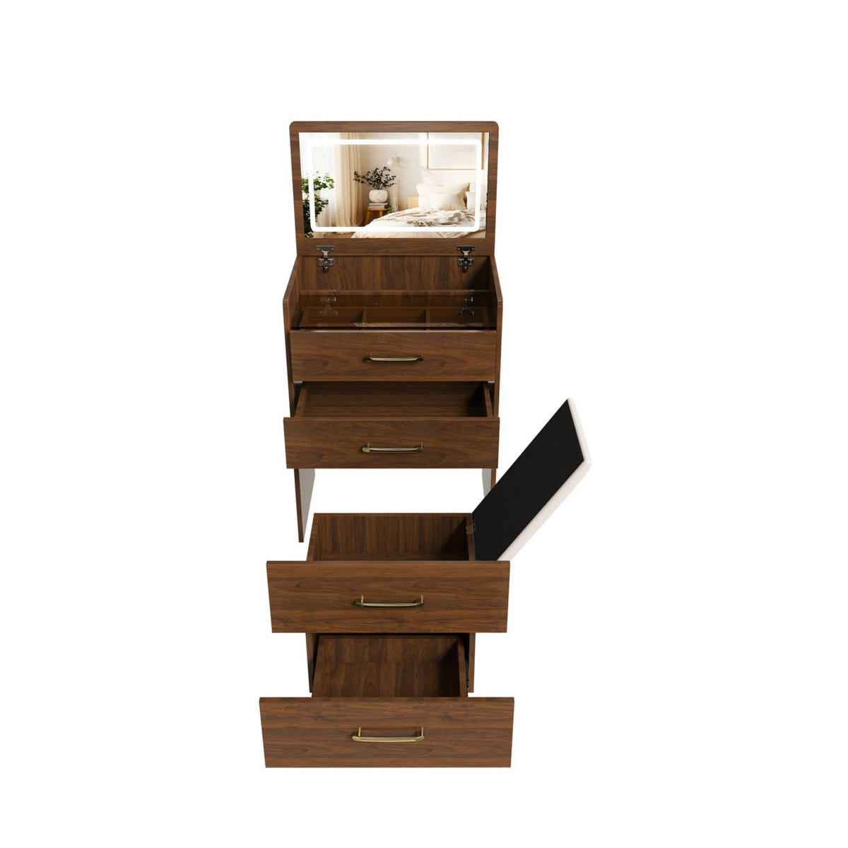 SCHMINKTISCH 60/40/118 cm in Walnuss mit Klappspiegel und Hocker - Weiß, Holzwerkstoff (40/118/60cm) - Flora Grace