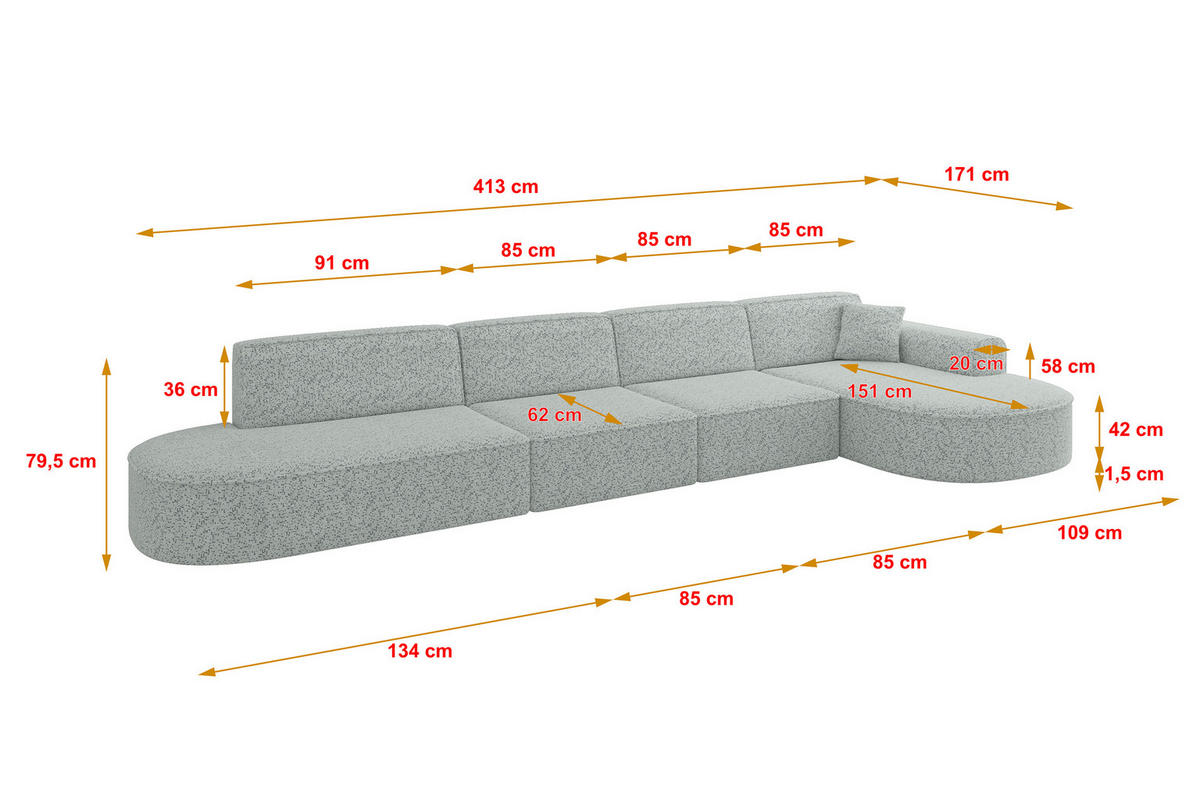 ECKSOFA Ottomane Rechts MARI-L3 - 413x171x79 cm Grün Tissu - Wildeiche/Schwarz, Holzwerkstoff/Kunststoff (171/413cm) - ALTDECOR