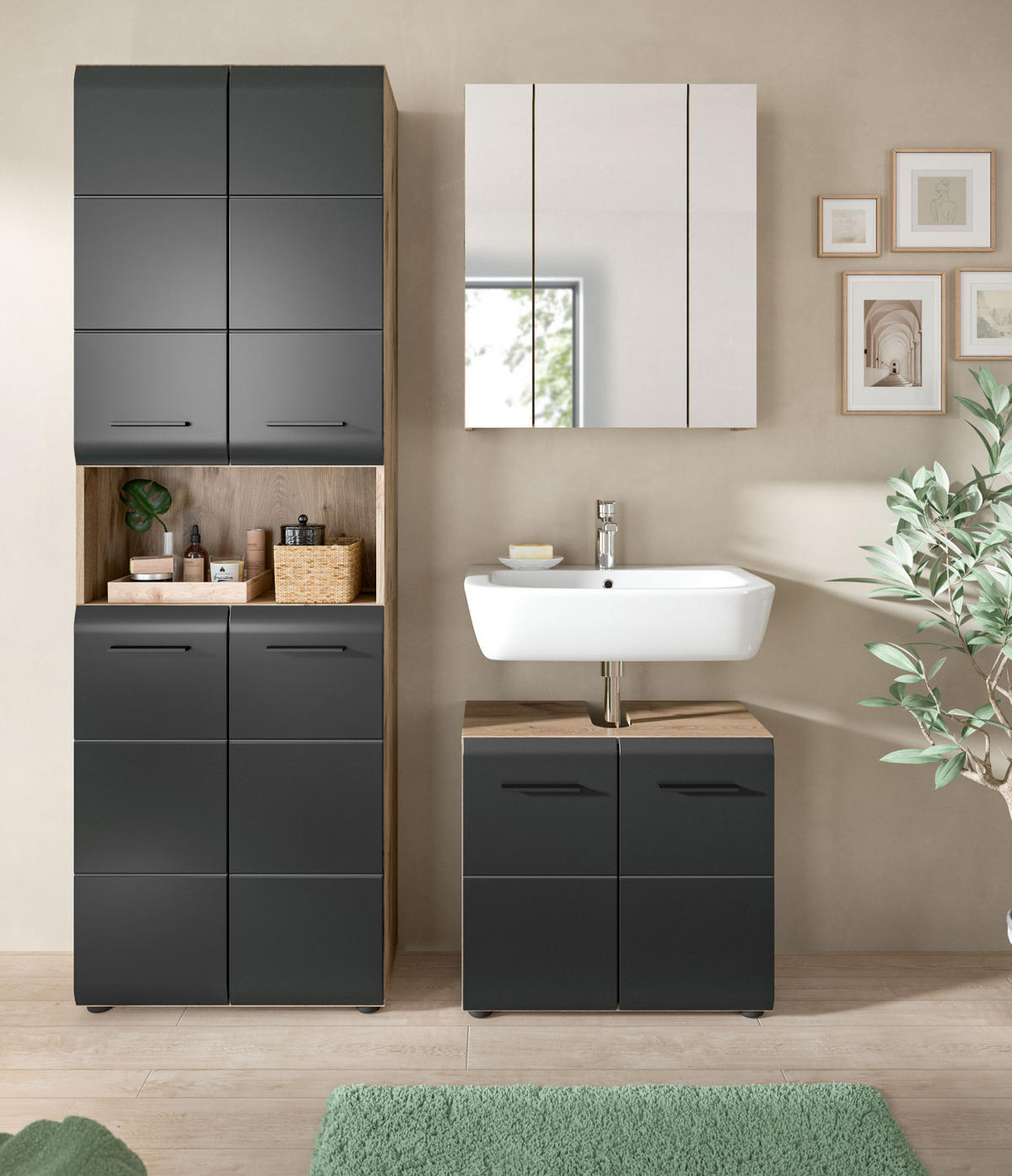 BADMÖBEL-SET 3-teilig schwarz matt, Nox Eiche inklusive Hochschrank 4-türig, 135 x 185 cm - Eichefarben/Schwarz, Glas/Holzwerkstoff (135/185/30cm) - Inn.Furn