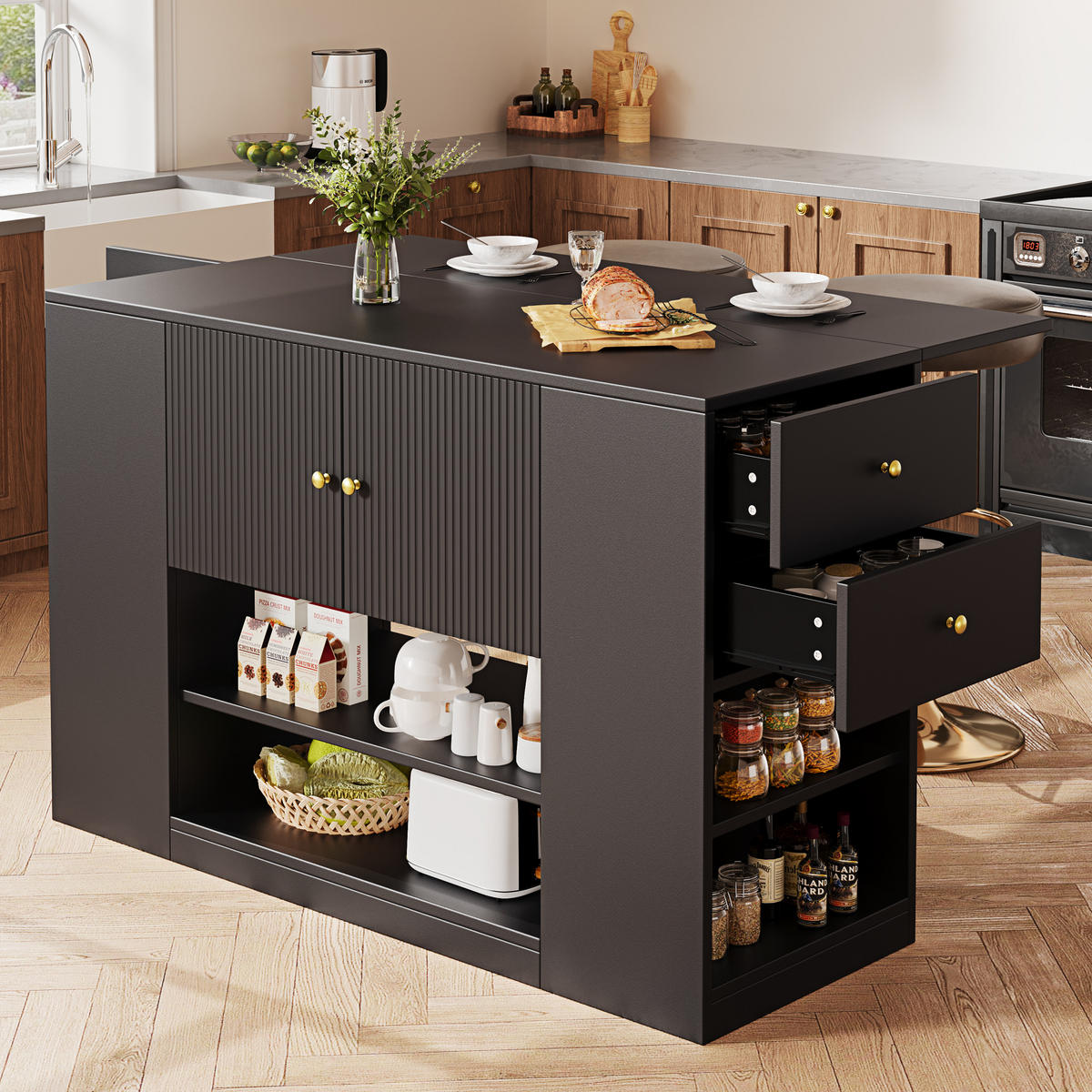 KÜCHENINSEL 140/40/90 cm aus MDF mit klappbarer Tischplatte Schwarz - Schwarz, Holzwerkstoff (140/90/70cm) - Modenvie
