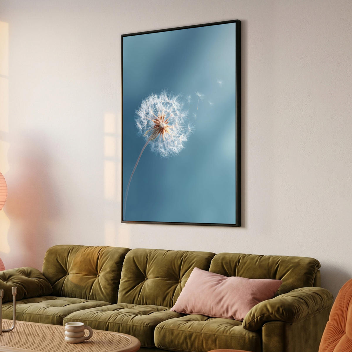 LEINWAND Bilder mit Rahmen - Löwenzahn - Wind - Blau - 100x150 - Blaugrau, Textil (100/150cm) - MuchoWow