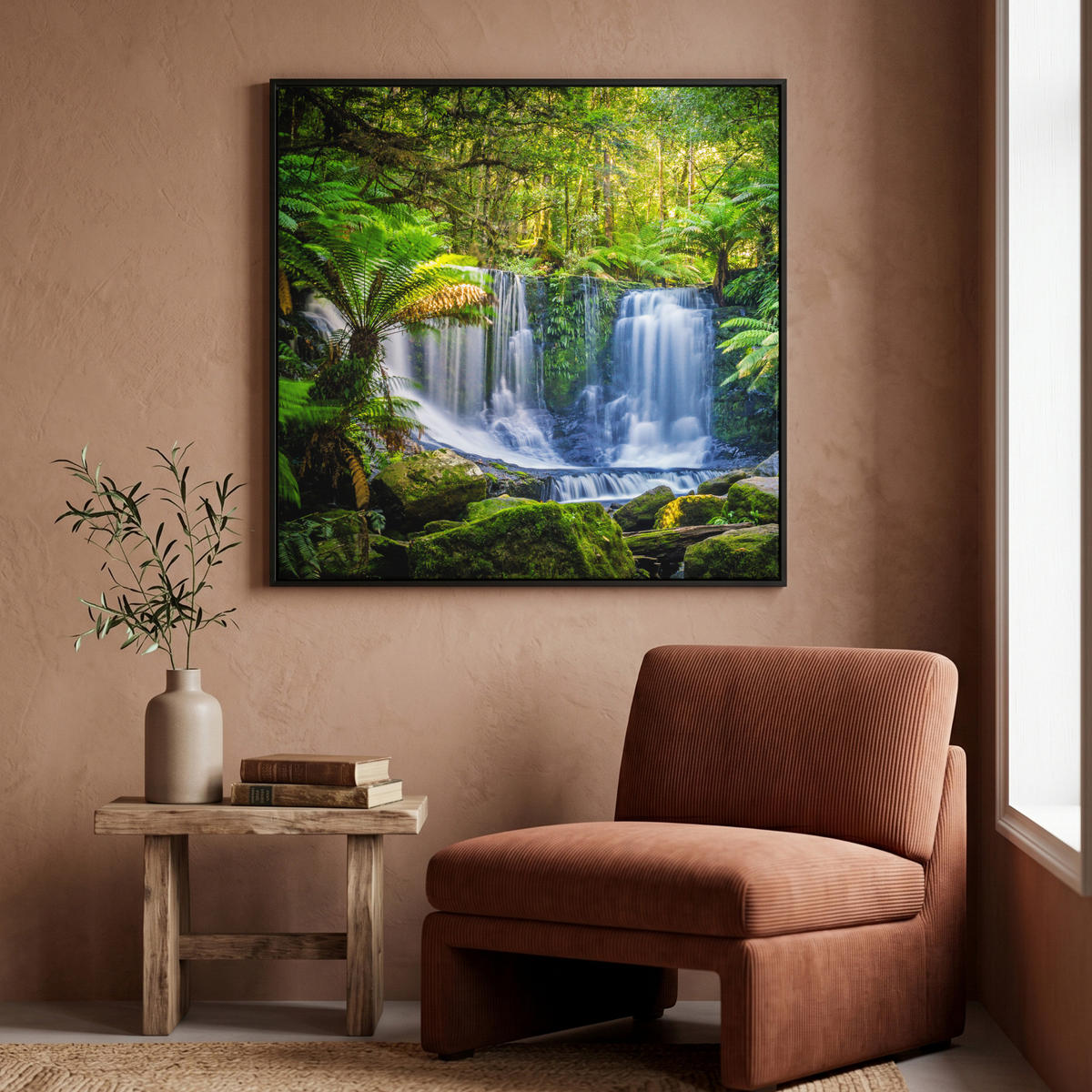 LEINWAND Bilder mit Rahmen - Dschungel - Wasserfall - Australien - Pflanzen - Natur - 90x90 - Dunkelgrün, Textil (90/90cm) - MuchoWow