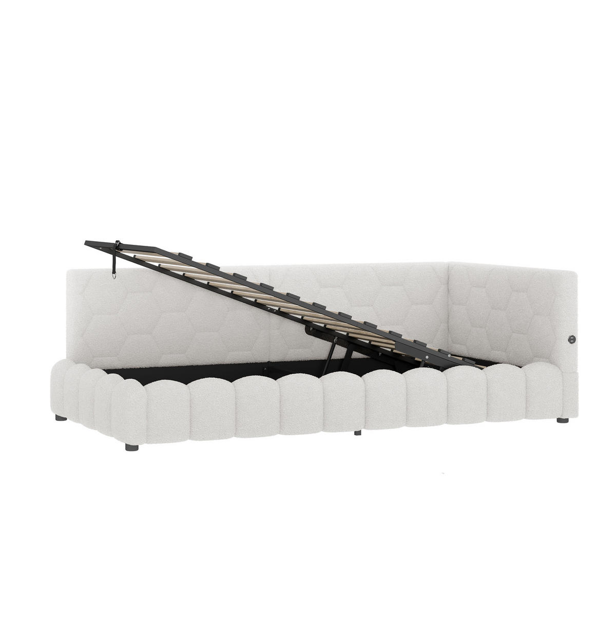 TAGESBETT 90/200 cm mit LED-Lichtleiste, USB, Typ-C und hydraulischem Bettkasten aus Vliesimitat, Weiß - Weiß, Textil (90/200cm) - Redom
