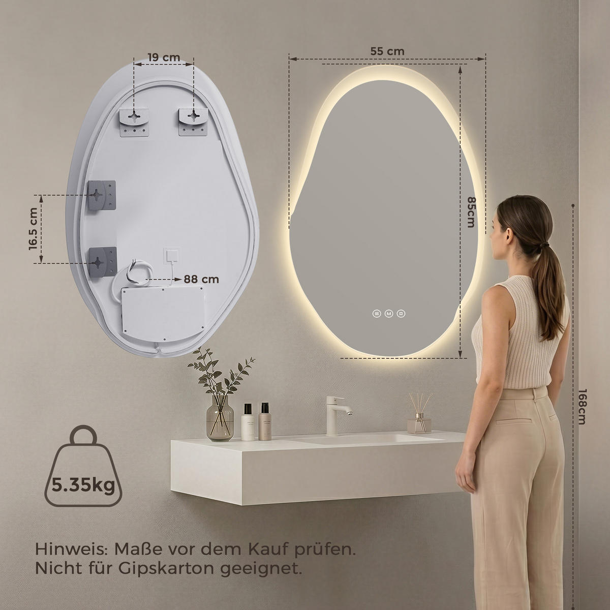 BADSPIEGEL mit Beleuchtung 55/85 cm asymmetrisch rahmenlos LED dimmbar mit Antibeschlag - Transparent, Glas (85/55/2.5cm) - S'AFIELINA