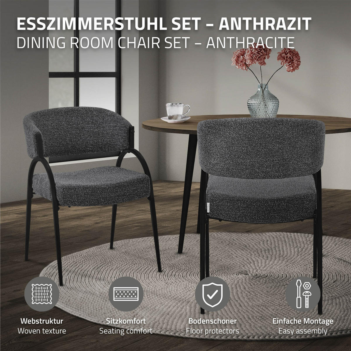 ESSZIMMERSTUHL 2er Set Küchenstühle gepolstert mit Webstoff-Bezug und Arm- und Rückenlehne Anthrazit - Anthrazit/Schwarz, Textil/Metall (54/81/65cm) - ML-DESIGN