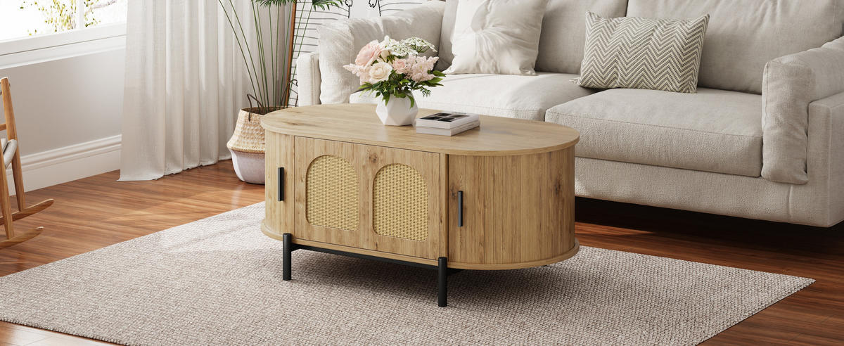 COUCHTISCH oval Rattan Holzoptik - Naturfarben, Holzwerkstoff (50/100/40cm)