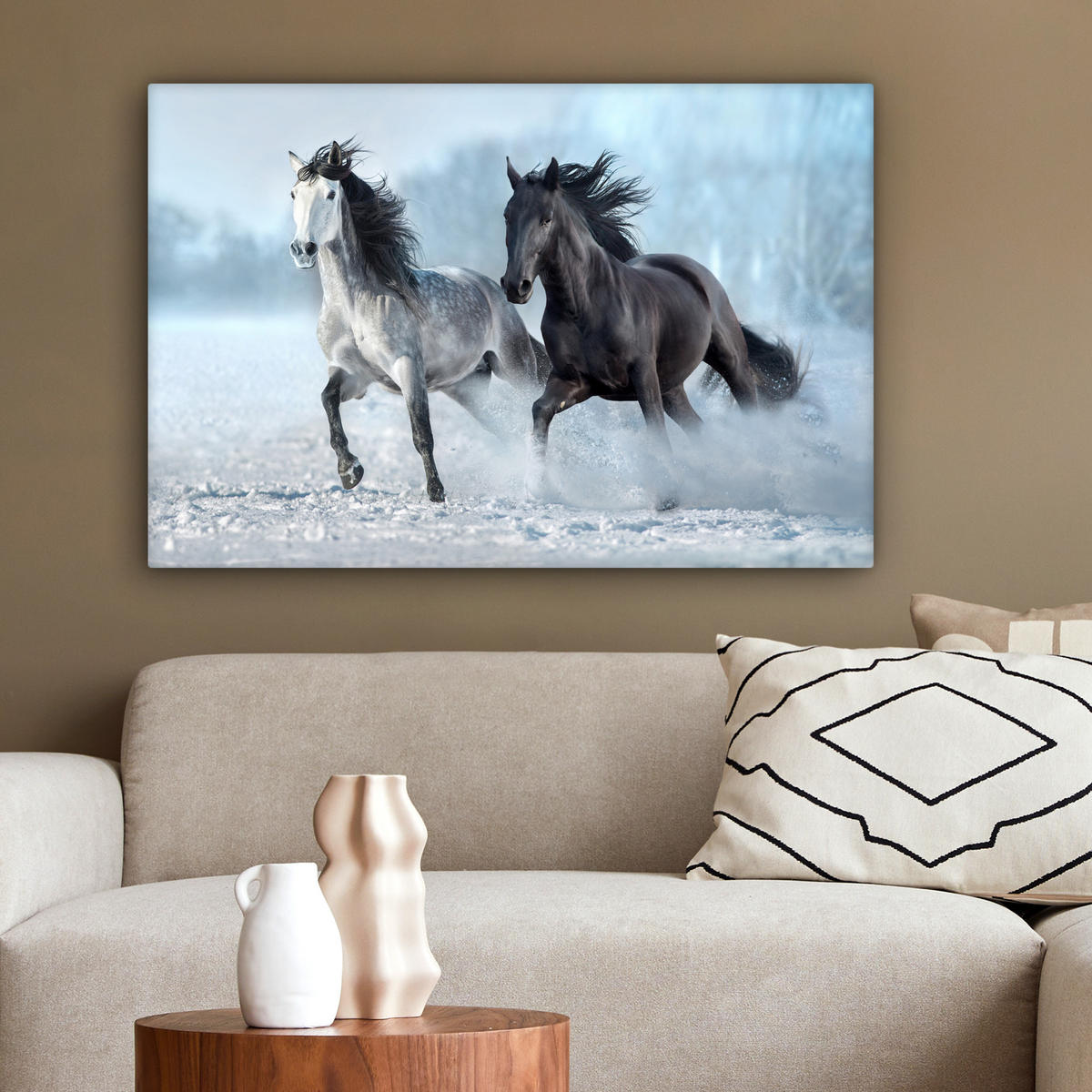 LEINWANDBILD Pferde - Winter - Tiere - Natur - Schnee Wanddeko 90x60 cm - Anthrazit, Textil (90/60cm) - MuchoWow